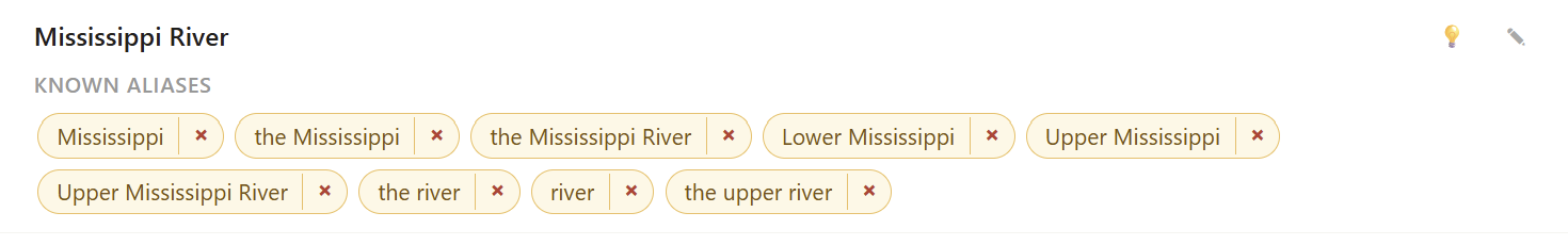 NovelContinuity Manage Story Elements screen showing the Mississippi River canonical with nine alias chips linked underneath &mdash; Mississippi, the Mississippi, the Mississippi River, Lower Mississippi, Upper Mississippi, Upper Mississippi River, the river, river, and the upper river