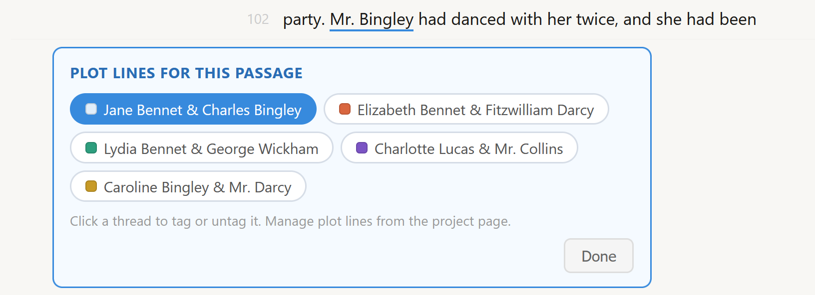NovelContinuity Plot Lines tag picker showing five threads from Pride and Prejudice &mdash; Jane Bennet & Charles Bingley (selected, highlighted blue), Elizabeth Bennet & Fitzwilliam Darcy, Lydia Bennet & George Wickham, Charlotte Lucas & Mr. Collins, and Caroline Bingley & Mr. Darcy &mdash; open below paragraph 102 of Austen's text